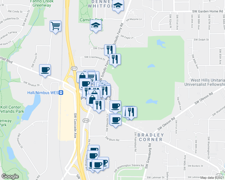 map of restaurants, bars, coffee shops, grocery stores, and more near 8655 Southwest Brightfield Circle in Portland