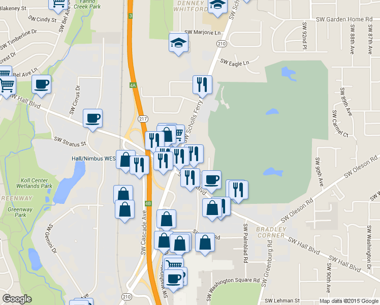 map of restaurants, bars, coffee shops, grocery stores, and more near 8900 Southwest Scholls Ferry Road in Beaverton