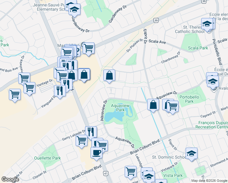 map of restaurants, bars, coffee shops, grocery stores, and more near 2220 Bois-Vert Place in Ottawa