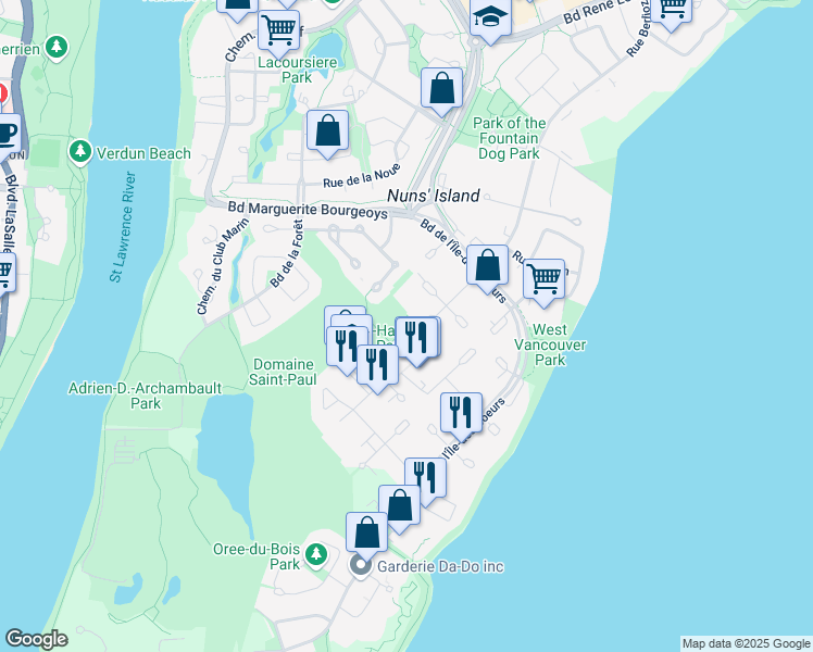 map of restaurants, bars, coffee shops, grocery stores, and more near 260 Rue Elgar in Verdun