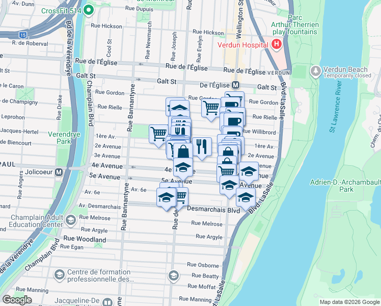 map of restaurants, bars, coffee shops, grocery stores, and more near 500 2e Avenue in Montréal