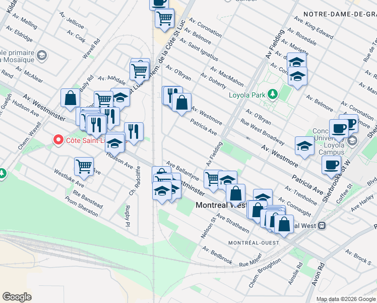map of restaurants, bars, coffee shops, grocery stores, and more near 5206 Avenue Connaught in Montréal