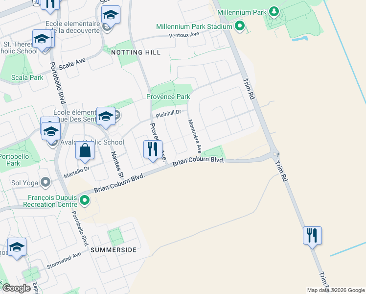 map of restaurants, bars, coffee shops, grocery stores, and more near 1861 Mickelberry Crescent in Ottawa