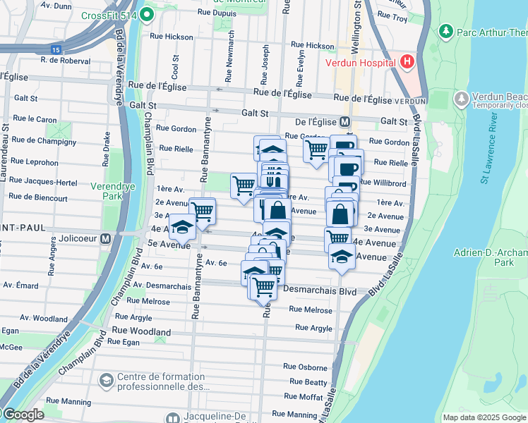 map of restaurants, bars, coffee shops, grocery stores, and more near 614 2e Avenue in Montréal