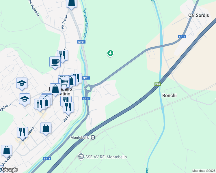 map of restaurants, bars, coffee shops, grocery stores, and more near 94 Via Borgo in Montebello Vicentino