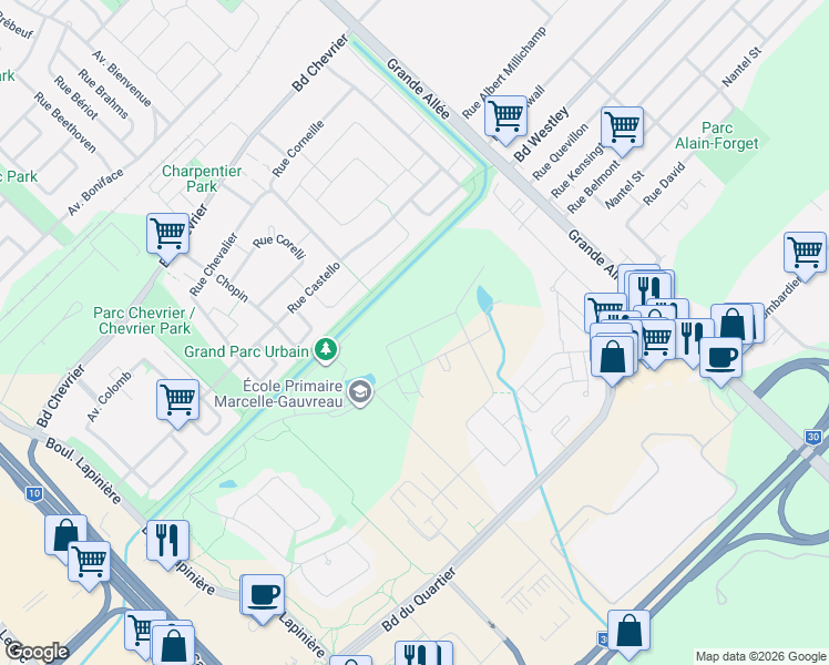 map of restaurants, bars, coffee shops, grocery stores, and more near 2560 Rue Cloutier in Brossard