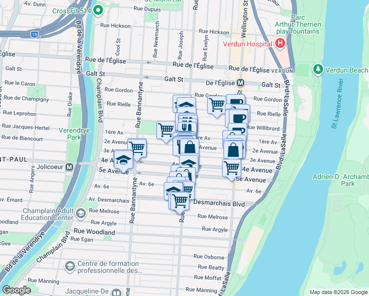 map of restaurants, bars, coffee shops, grocery stores, and more near 4709 Rue de Verdun in Montréal