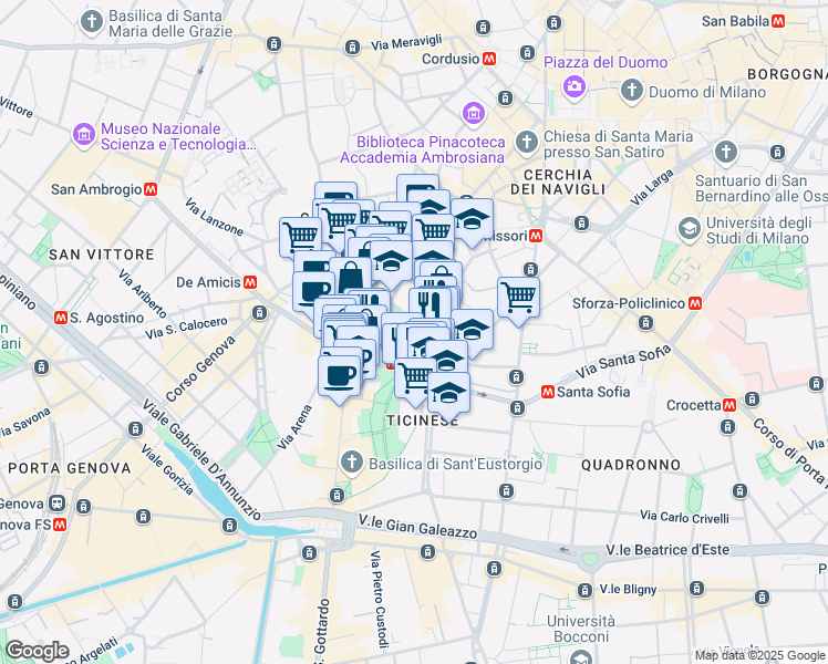 map of restaurants, bars, coffee shops, grocery stores, and more near 17 Piazza Vetra in Milano