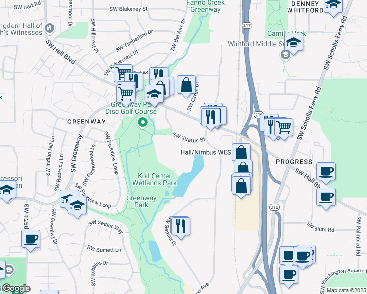 map of restaurants, bars, coffee shops, grocery stores, and more near 8500 Southwest Creekside Place in Beaverton