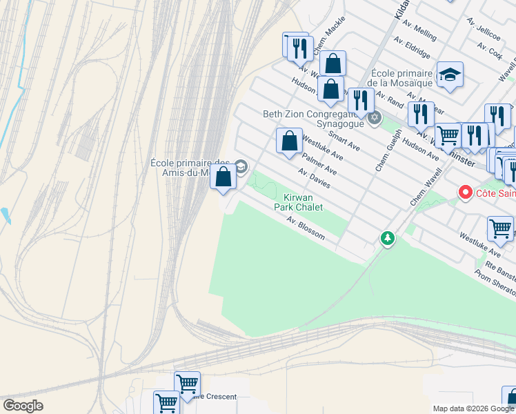 map of restaurants, bars, coffee shops, grocery stores, and more near 5774 Avenue Blossom in Côte Saint-Luc