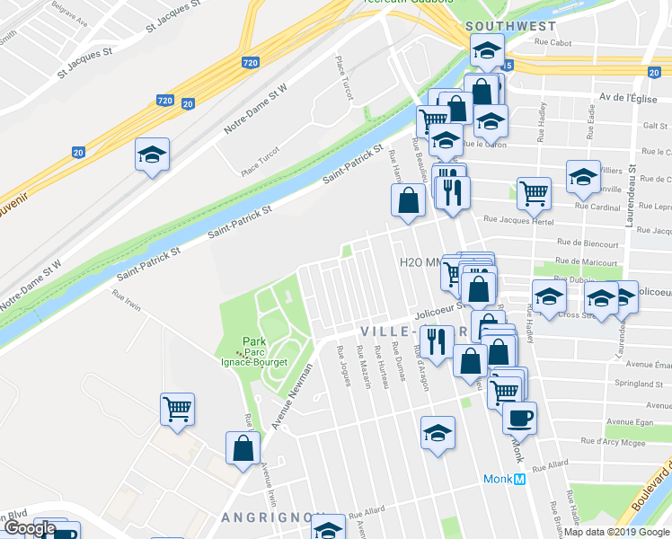 map of restaurants, bars, coffee shops, grocery stores, and more near 5925 Rue Mazarin in Montréal
