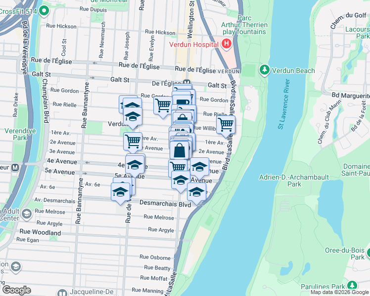 map of restaurants, bars, coffee shops, grocery stores, and more near 4648 Wellington Street in Montreal