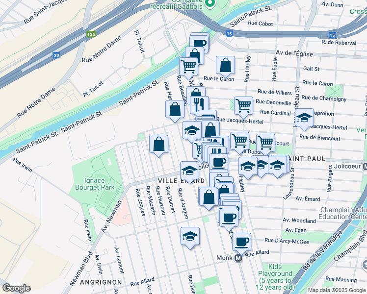 map of restaurants, bars, coffee shops, grocery stores, and more near 6035 Hamilton Street in Montreal