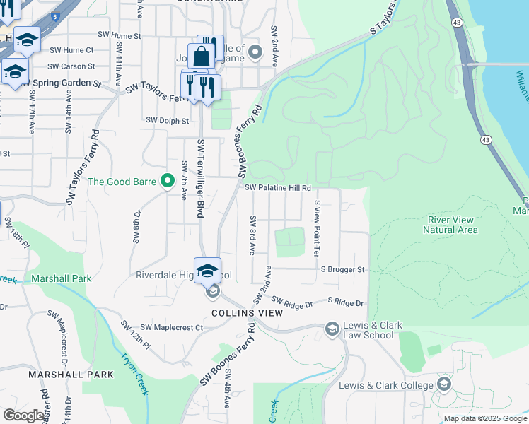 map of restaurants, bars, coffee shops, grocery stores, and more near 9267 Southwest 2nd Avenue in Portland