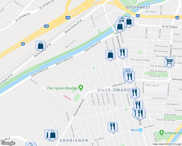 map of restaurants, bars, coffee shops, grocery stores, and more near 5925 Rue Mazarin in Montréal
