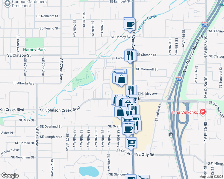 map of restaurants, bars, coffee shops, grocery stores, and more near 7919 Southeast Johnson Creek Boulevard in Portland