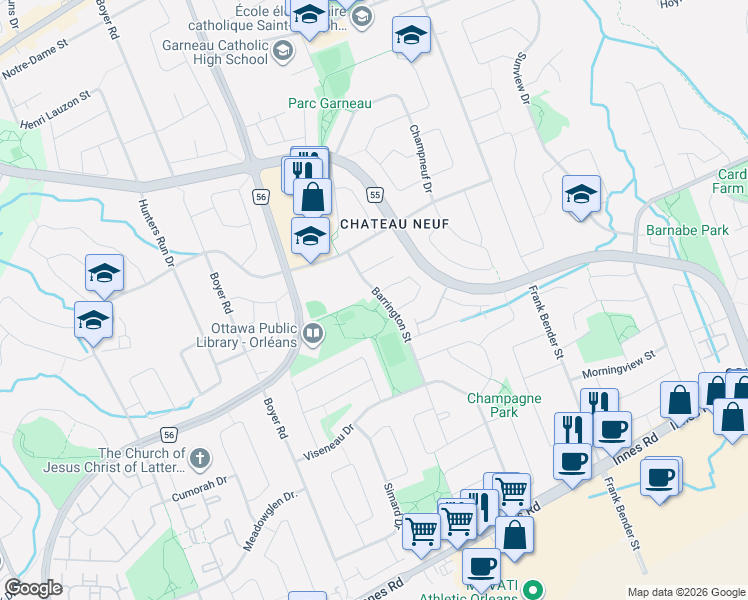 map of restaurants, bars, coffee shops, grocery stores, and more near 1682 Barrington Street in Ottawa