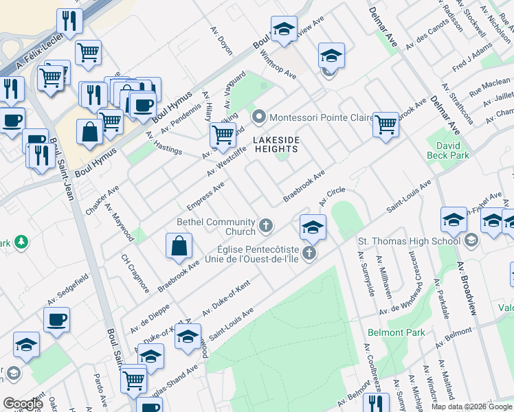 map of restaurants, bars, coffee shops, grocery stores, and more near 105 Avenue Hastings in Pointe-Claire