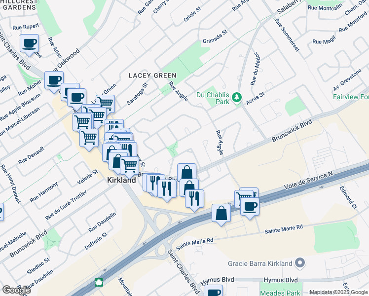 map of restaurants, bars, coffee shops, grocery stores, and more near 18 Rue de la Jonquille in Kirkland