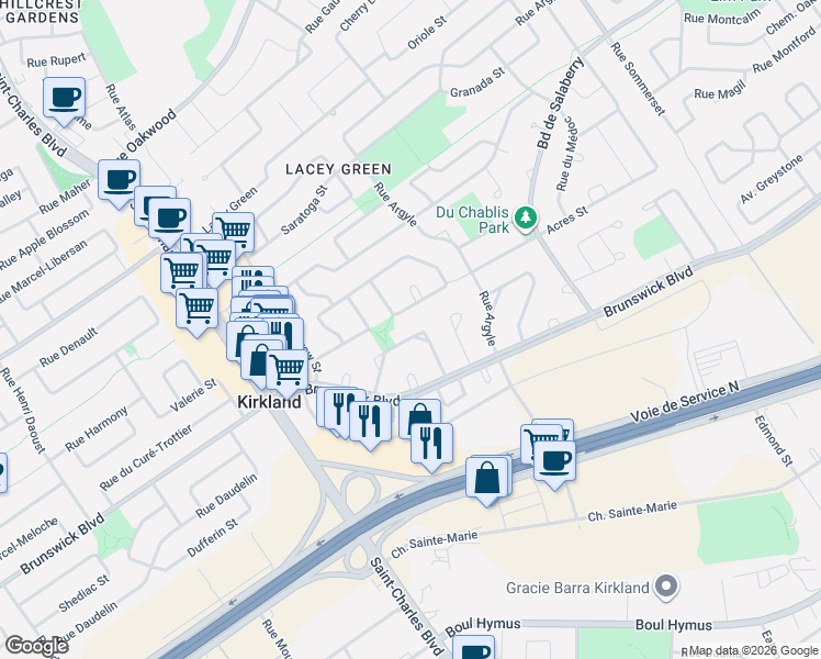 map of restaurants, bars, coffee shops, grocery stores, and more near 18 Rue de la Jonquille in Kirkland