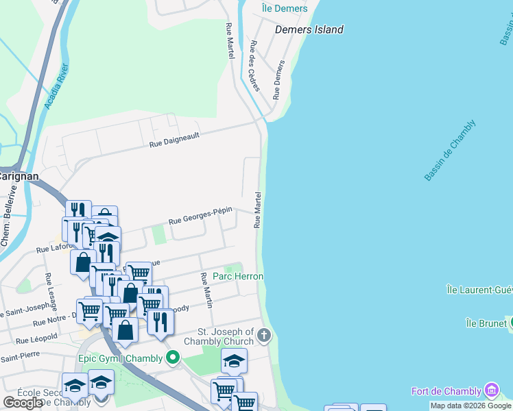 map of restaurants, bars, coffee shops, grocery stores, and more near 510 Rue Martel in Chambly