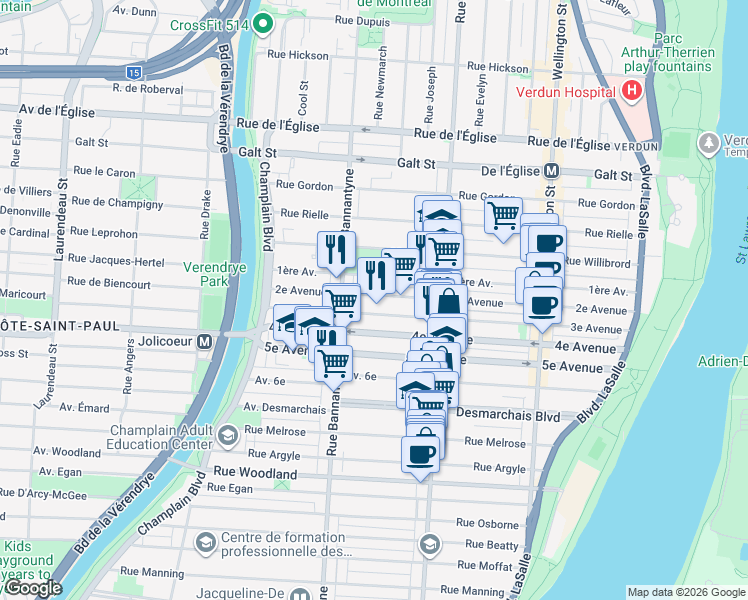 map of restaurants, bars, coffee shops, grocery stores, and more near 814 2e Avenue in Montréal