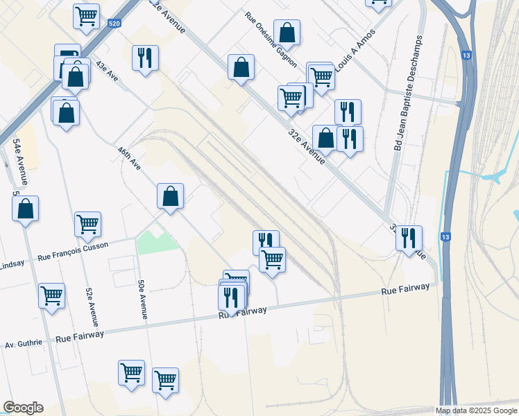 map of restaurants, bars, coffee shops, grocery stores, and more near CP Lachine Intermodal Terminal in Montreal