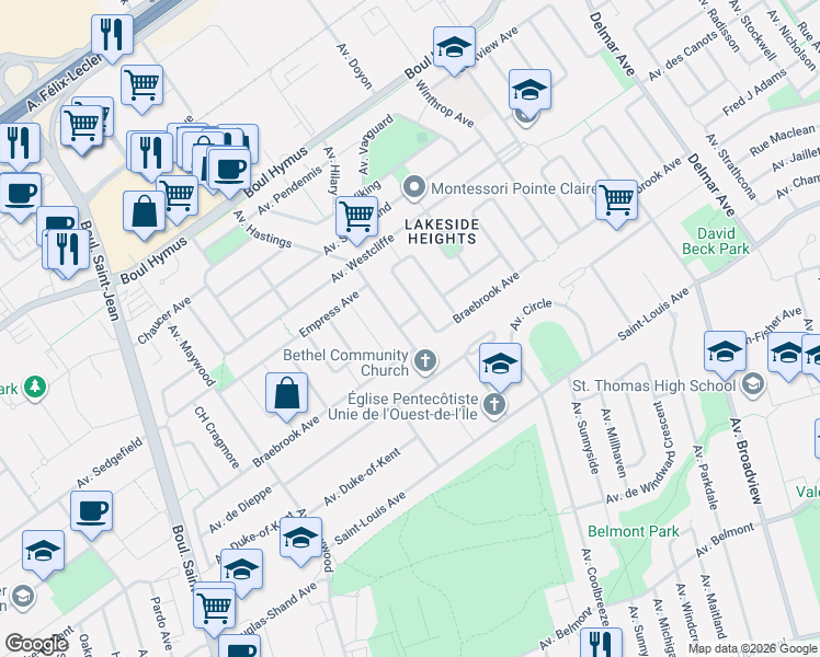 map of restaurants, bars, coffee shops, grocery stores, and more near 105 Avenue Hastings in Pointe-Claire