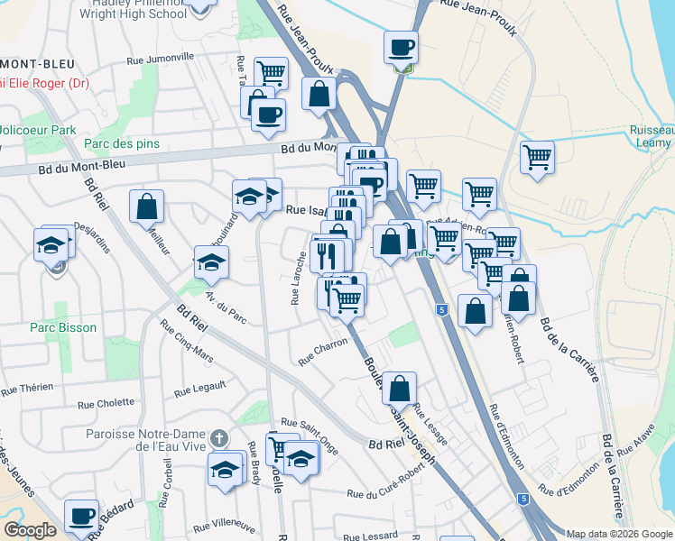map of restaurants, bars, coffee shops, grocery stores, and more near 745 Boulevard Saint-Joseph in Gatineau