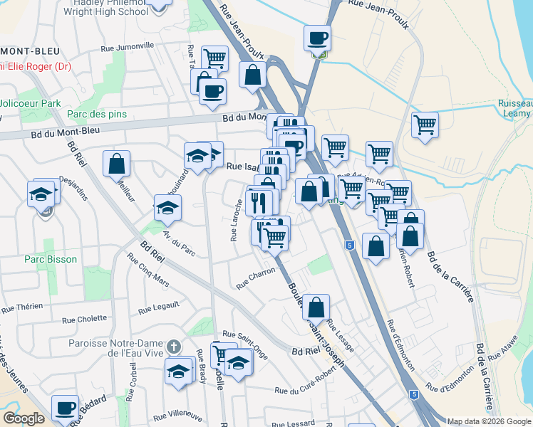 map of restaurants, bars, coffee shops, grocery stores, and more near 745 Boulevard Saint-Joseph in Gatineau
