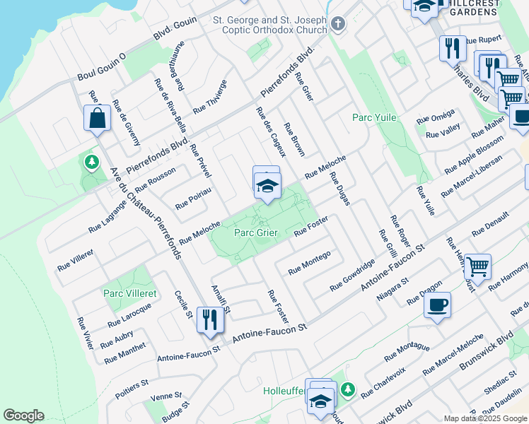 map of restaurants, bars, coffee shops, grocery stores, and more near 17760 Rue Meloche in Montréal