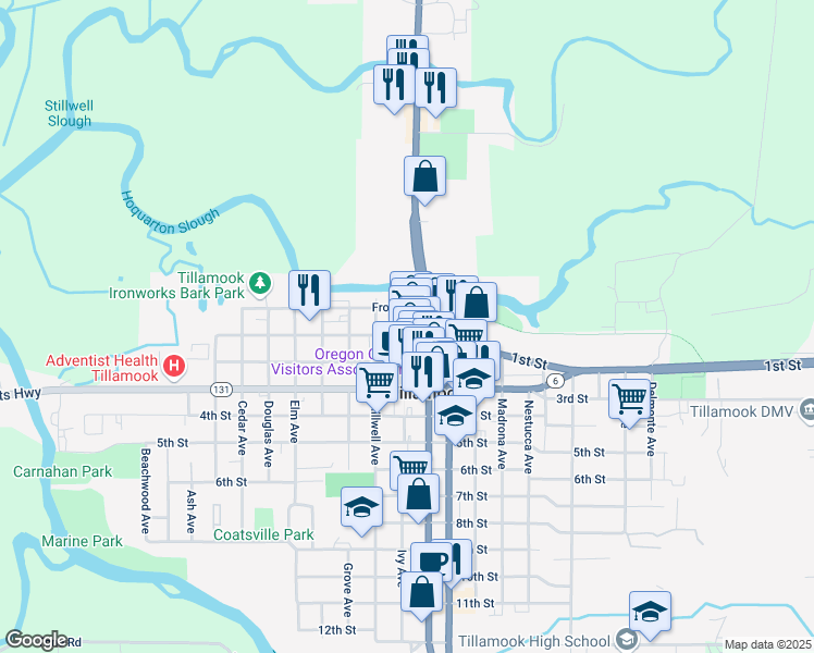 map of restaurants, bars, coffee shops, grocery stores, and more near 1907 2nd Street in Tillamook