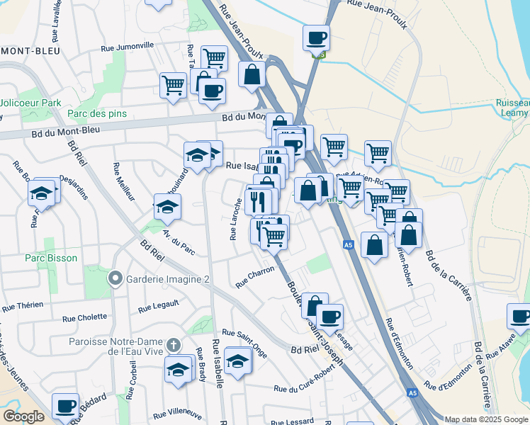 map of restaurants, bars, coffee shops, grocery stores, and more near in Gatineau