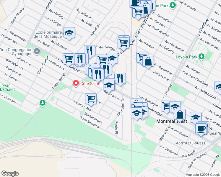 map of restaurants, bars, coffee shops, grocery stores, and more near 472 Avenue Westminster Nord in Montréal-Ouest