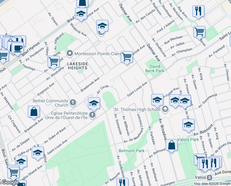 map of restaurants, bars, coffee shops, grocery stores, and more near in Pointe-Claire