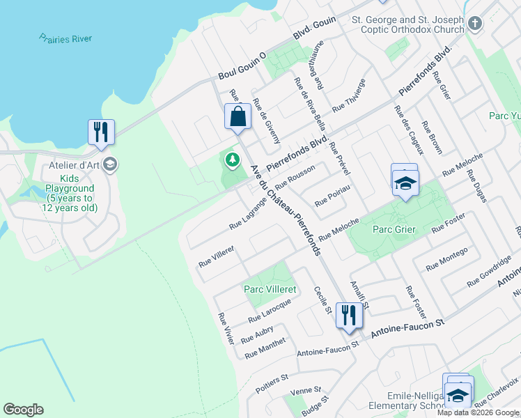 map of restaurants, bars, coffee shops, grocery stores, and more near 18432 Rue Lagrange in Montréal