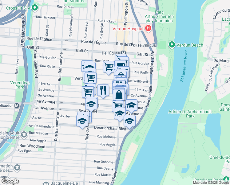 map of restaurants, bars, coffee shops, grocery stores, and more near 293 2e Avenue in Montréal