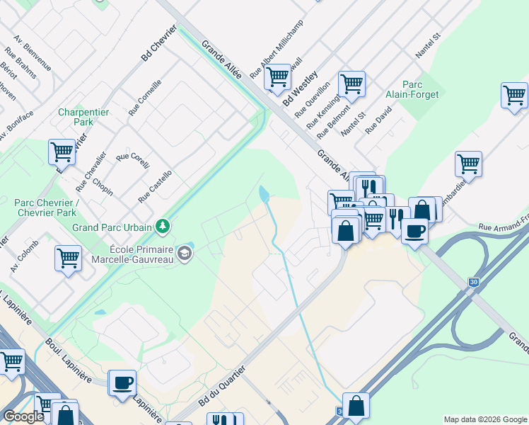 map of restaurants, bars, coffee shops, grocery stores, and more near 1940 Rue Colbeck in Brossard