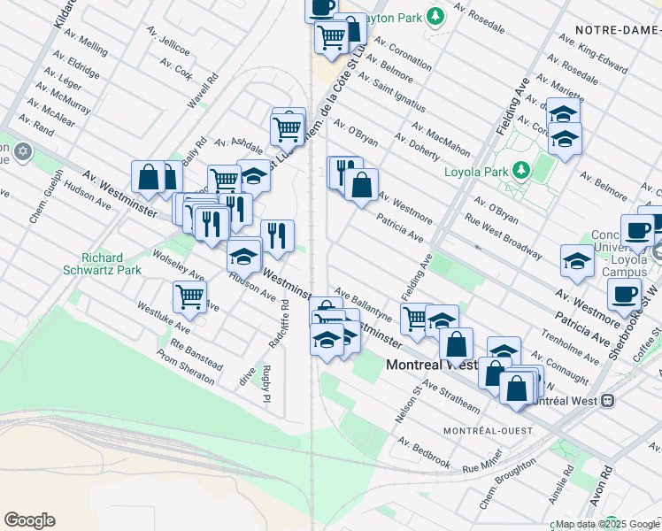 map of restaurants, bars, coffee shops, grocery stores, and more near 357 Avenue Brock Nord in Montreal West