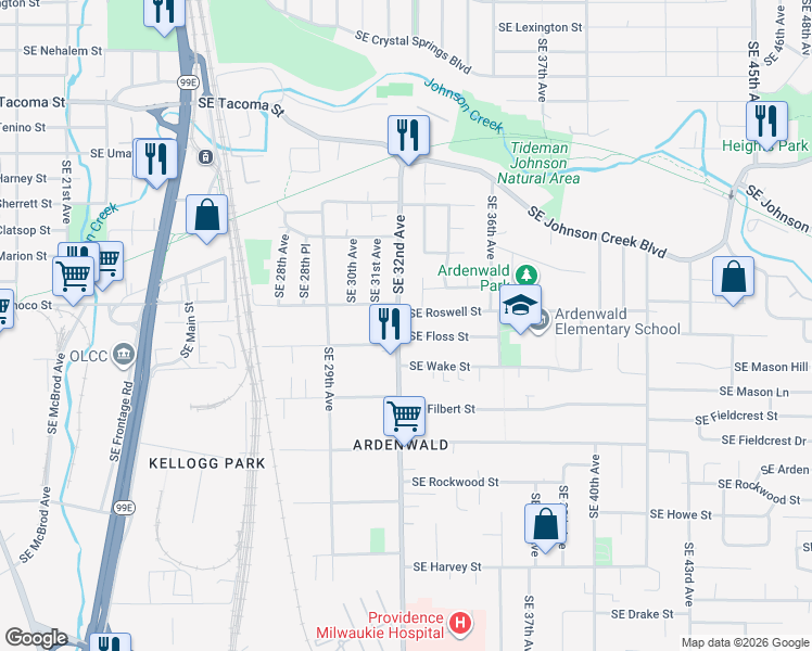 map of restaurants, bars, coffee shops, grocery stores, and more near 9020 Southeast 32nd Avenue in Milwaukie