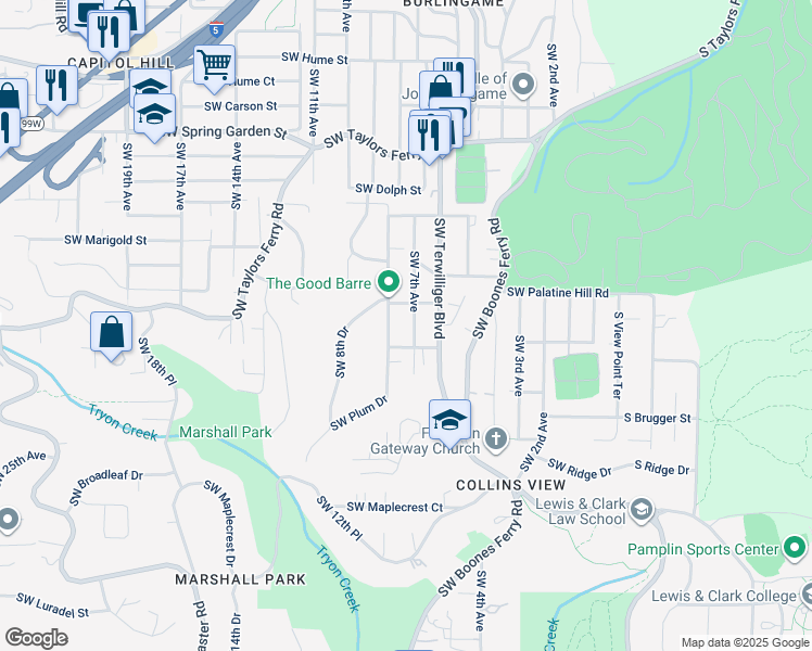 map of restaurants, bars, coffee shops, grocery stores, and more near 9280 Southwest 8th Avenue in Portland