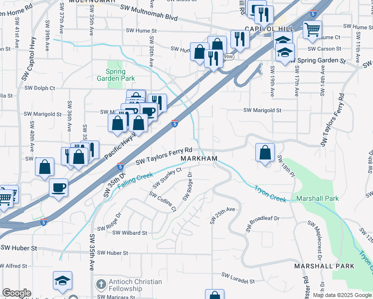 map of restaurants, bars, coffee shops, grocery stores, and more near 2625 Southwest Stanley Court in Portland