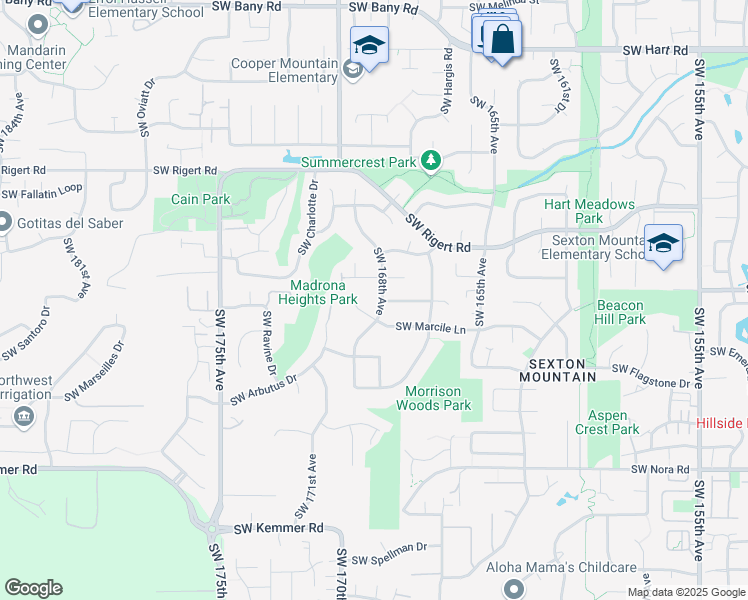 map of restaurants, bars, coffee shops, grocery stores, and more near 16785 Southwest Marcile Lane in Beaverton