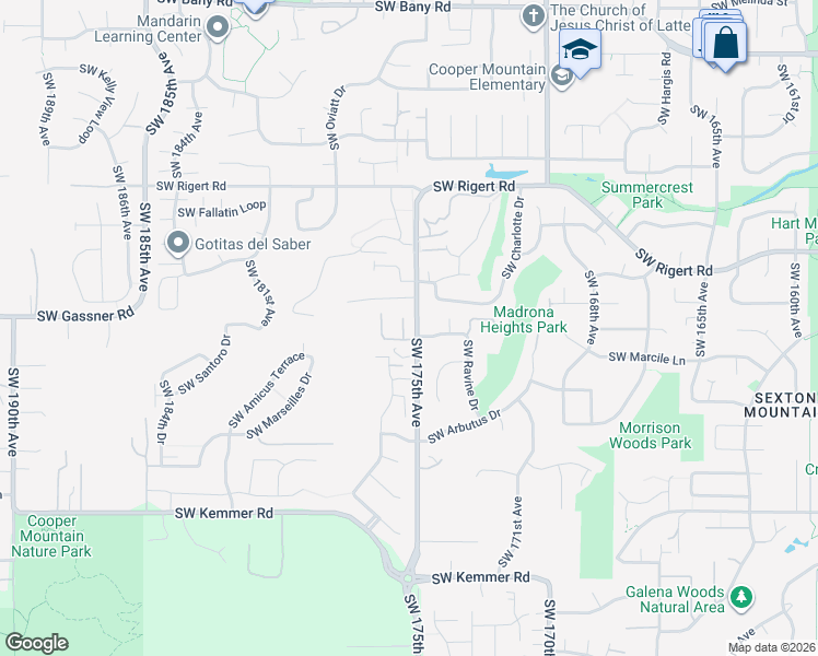 map of restaurants, bars, coffee shops, grocery stores, and more near 8659 Southwest 175th Avenue in Beaverton