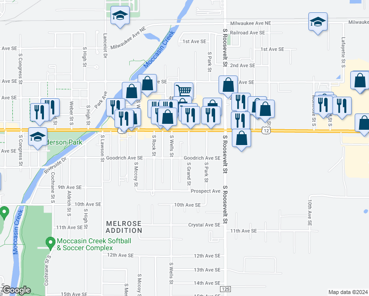 map of restaurants, bars, coffee shops, grocery stores, and more near 2101-2199 Goodrich Ave SE in Aberdeen