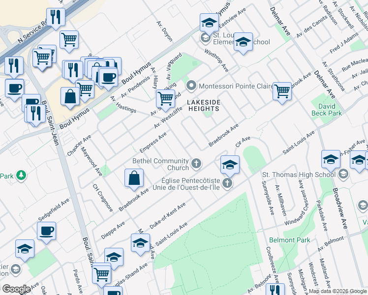 map of restaurants, bars, coffee shops, grocery stores, and more near 51 Avenue Hastings in Pointe-Claire