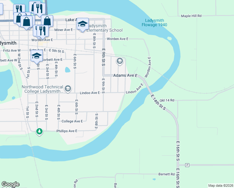 map of restaurants, bars, coffee shops, grocery stores, and more near 918 Lindoo Avenue East in Ladysmith