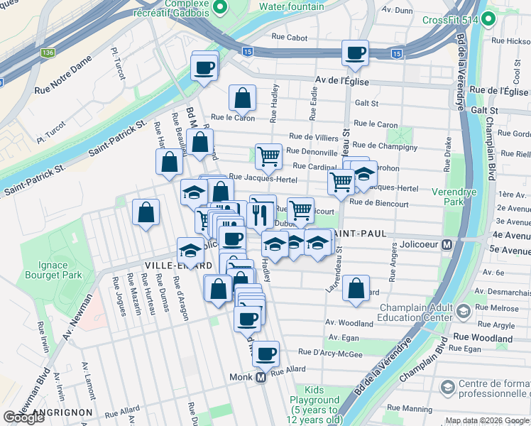 map of restaurants, bars, coffee shops, grocery stores, and more near 6055 Rue Hadley in Montréal
