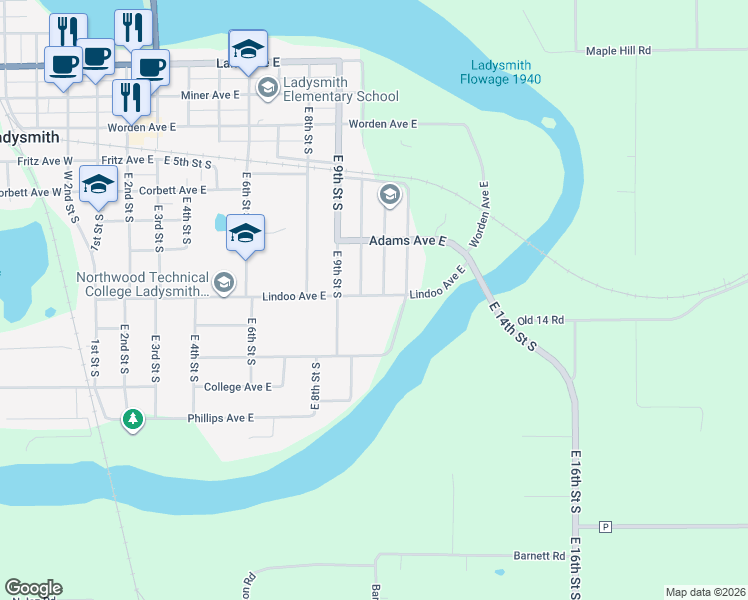 map of restaurants, bars, coffee shops, grocery stores, and more near 918 Lindoo Avenue East in Ladysmith
