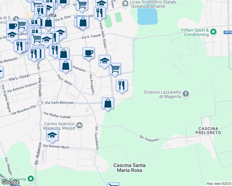 map of restaurants, bars, coffee shops, grocery stores, and more near 44 Via Antonio Meucci in Magenta